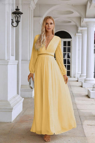 Ladies V Neck Chiffon Long Sleeve Front Slit Bridesmaid Evening Dress Wedding Party Shopping Evening Dress 28109