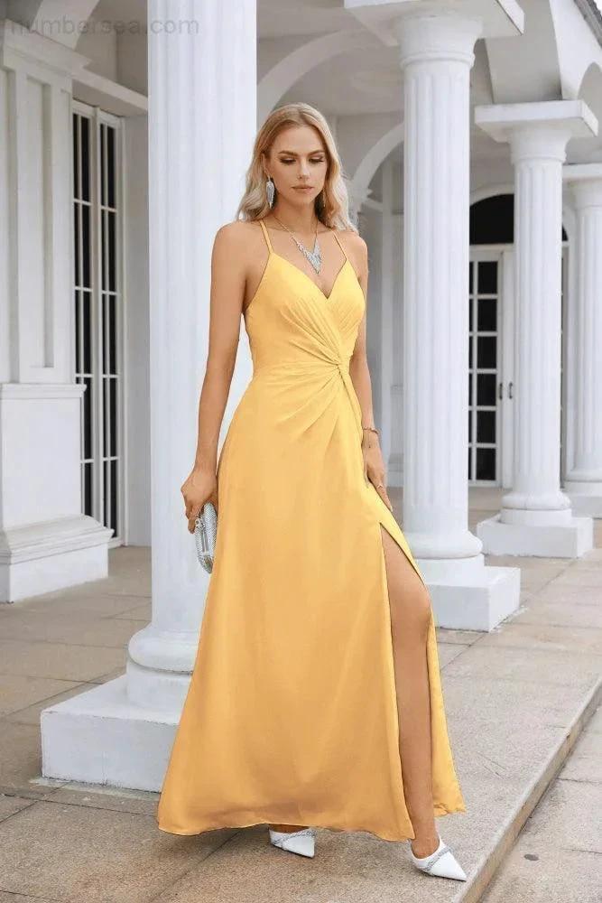 Ladies Chiffon Spaghetti Strap V Neck Front Slit Floor Length Bridesmaid Evening Dress Prom Party Wedding Evening Dress 28116 by numbersea