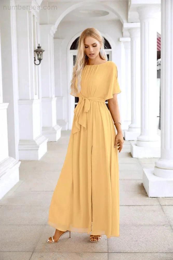 Ladies Chiffon Sleeve Crew Neck Front Slit Floor Length Bridesmaid Evening Dress Wedding Party Evening Dress 28124 by numbersea