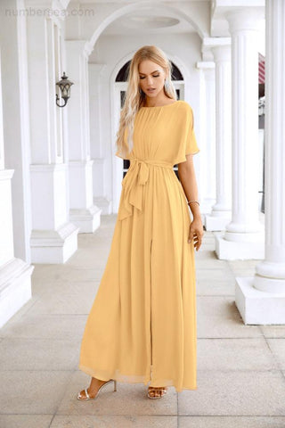 Ladies Chiffon Sleeve Crew Neck Front Slit Floor Length Bridesmaid Evening Dress Wedding Party Evening Dress 28124