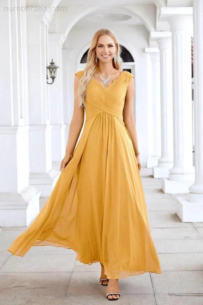 Ladies Chiffon V Neck Sleeveless Floor Length Bridesmaid Evening Dress Wedding Party Evening Dress 28126 by numbersea