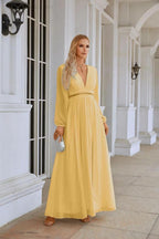 Ladies V Neck Chiffon Long Sleeve Front Slit Bridesmaid Evening Dress Wedding Party Shopping Evening Dress 28109 by numbersea