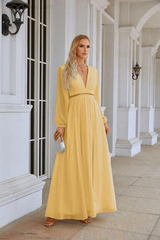 Ladies V Neck Chiffon Long Sleeve Front Slit Bridesmaid Evening Dress Wedding Party Shopping Evening Dress 28109
