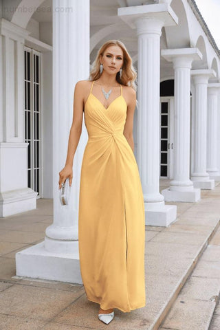 Ladies Chiffon Spaghetti Strap V Neck Front Slit Floor Length Bridesmaid Evening Dress Prom Party Wedding Evening Dress 28116