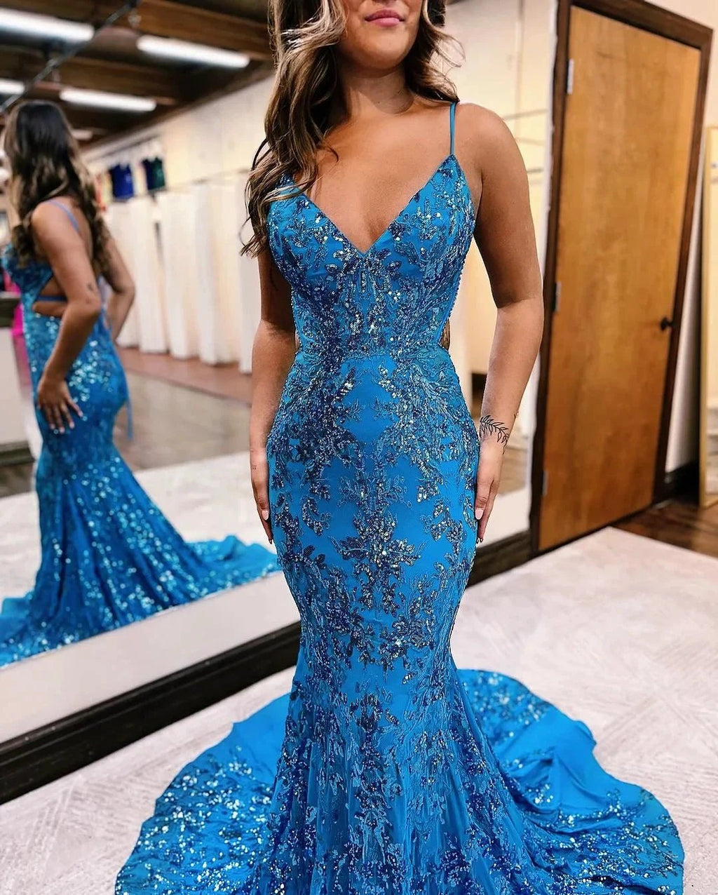 Blue Sequins Applique Prom Dress Mermaid Sleeveless Spaghetti Straps by BIZTUNNEL