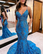 Blue Sequins Applique Prom Dress Mermaid Sleeveless Spaghetti Straps by BIZTUNNEL