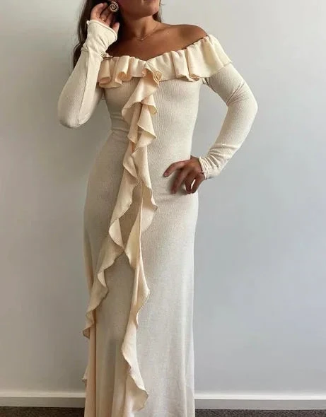 Classy Off The Shoulder Ruffles Cream Long Prom Dress Slit Party Evening Dress Y7975 by simplepromdress