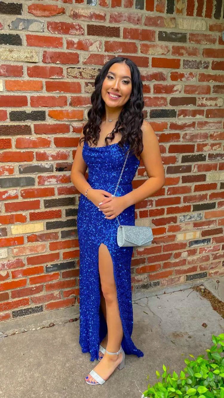 Royal Blue Sequins Long Prom Dress With Side Slit Elegant Evening Gown Y128 by simplepromdress