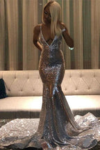 Long Mermaid V-Neck Sequins Backless Prom Dress by BIZTUNNEL