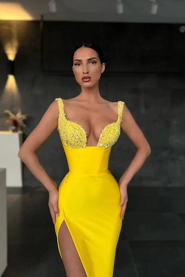 Sweetheart Yellow Mermaid Prom Dress with Slit and Beads by BIZTUNNEL
