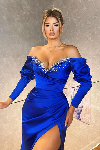 Regal Sapphire V-Neck Mermaid Prom Dress with Elegant Long Sleeves and Beads