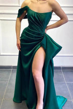 Dark Green Long Mermaid One Shoulder Satin Formal Prom Dresses with Split by BIZTUNNEL