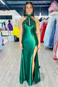 Mermaid Halter Dark Green Satin Long Prom Dresses with Beads by KissProm