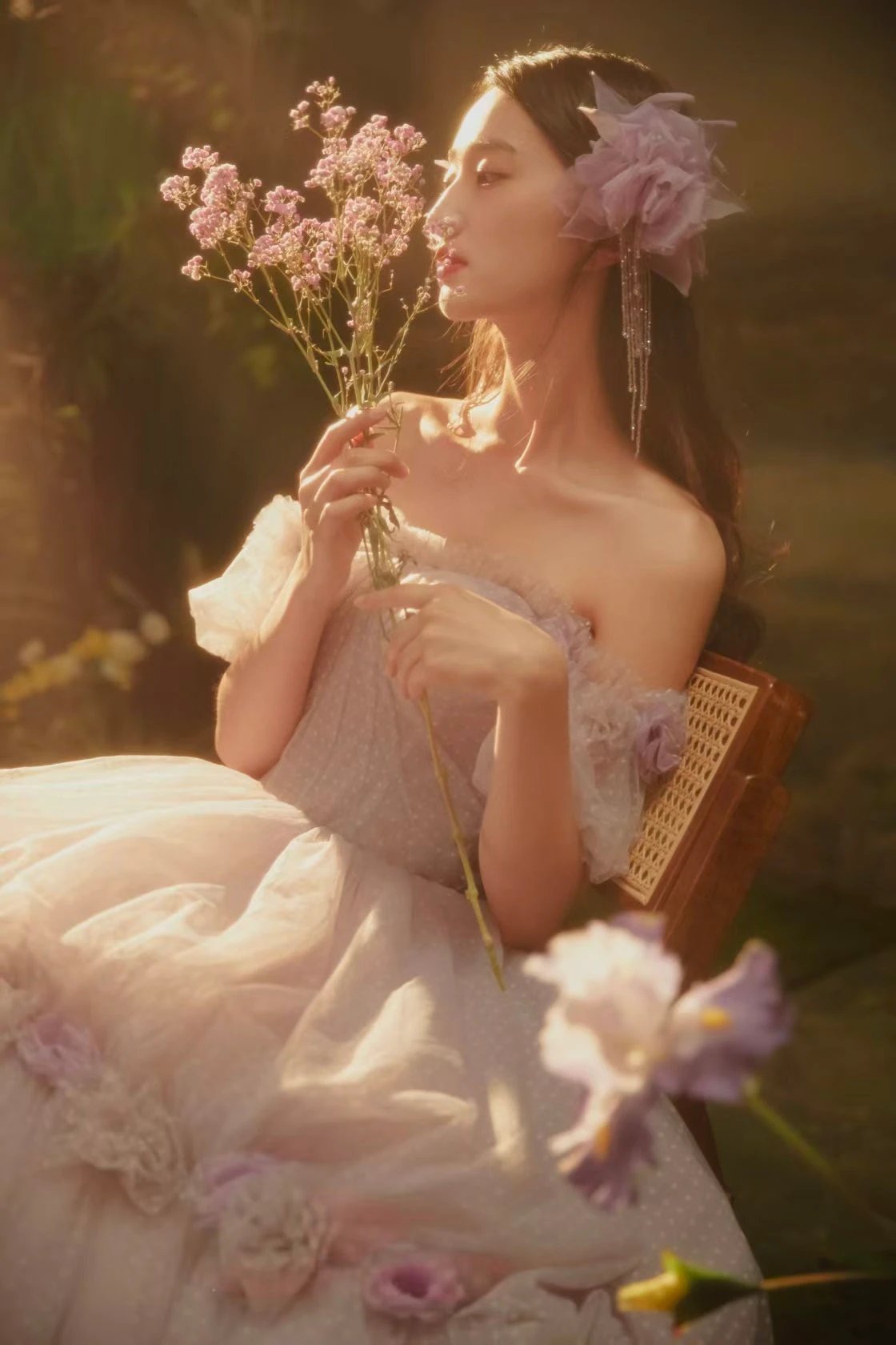 Dreamy Lavender Off-Shoulder Tulle Ball Gown with Puff Sleeves & 3D Floral Accents by ZAPDRESS
