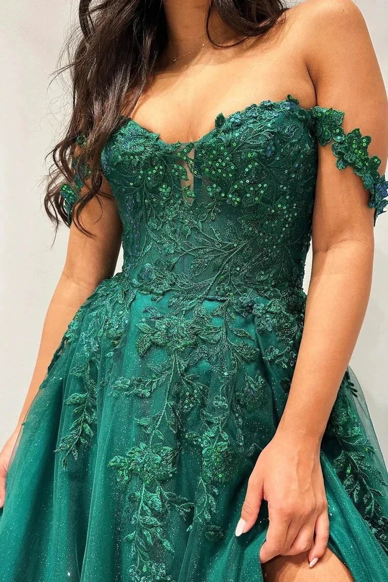 Elliana | Glitter Emerald Appliques Off-the-Shoulder A-Line Long Prom Dress by KissProm