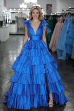 August | Glitter Tie Straps Pink Plunging Neck Tiered Long Prom Dress by KissProm