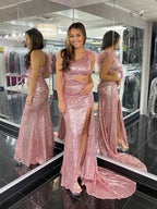 One Shoulder Sparkly Unique Black Mermaid Prom Dress by KissProm
