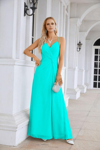 Ladies Chiffon Spaghetti Strap V Neck Front Slit Floor Length Bridesmaid Evening Dress Prom Party Wedding Evening Dress 28116