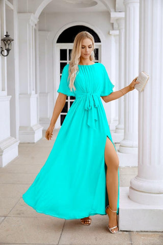 Ladies Chiffon Sleeve Crew Neck Front Slit Floor Length Bridesmaid Evening Dress Wedding Party Evening Dress 28124