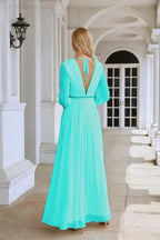 Ladies V Neck Chiffon Long Sleeve Front Slit Bridesmaid Evening Dress Wedding Party Shopping Evening Dress 28109 by numbersea