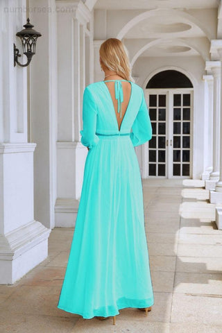 Ladies V Neck Chiffon Long Sleeve Front Slit Bridesmaid Evening Dress Wedding Party Shopping Evening Dress 28109