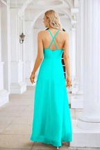 Ladies Chiffon Spaghetti Strap V Neck Front Slit Floor Length Bridesmaid Evening Dress Prom Party Wedding Evening Dress 28116 by numbersea
