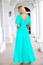 Ladies Chiffon Sleeve Crew Neck Front Slit Floor Length Bridesmaid Evening Dress Wedding Party Evening Dress 28124 by numbersea