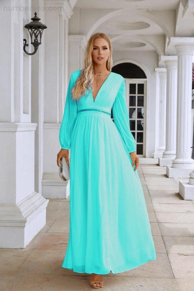Ladies V Neck Chiffon Long Sleeve Front Slit Bridesmaid Evening Dress Wedding Party Shopping Evening Dress 28109 by numbersea