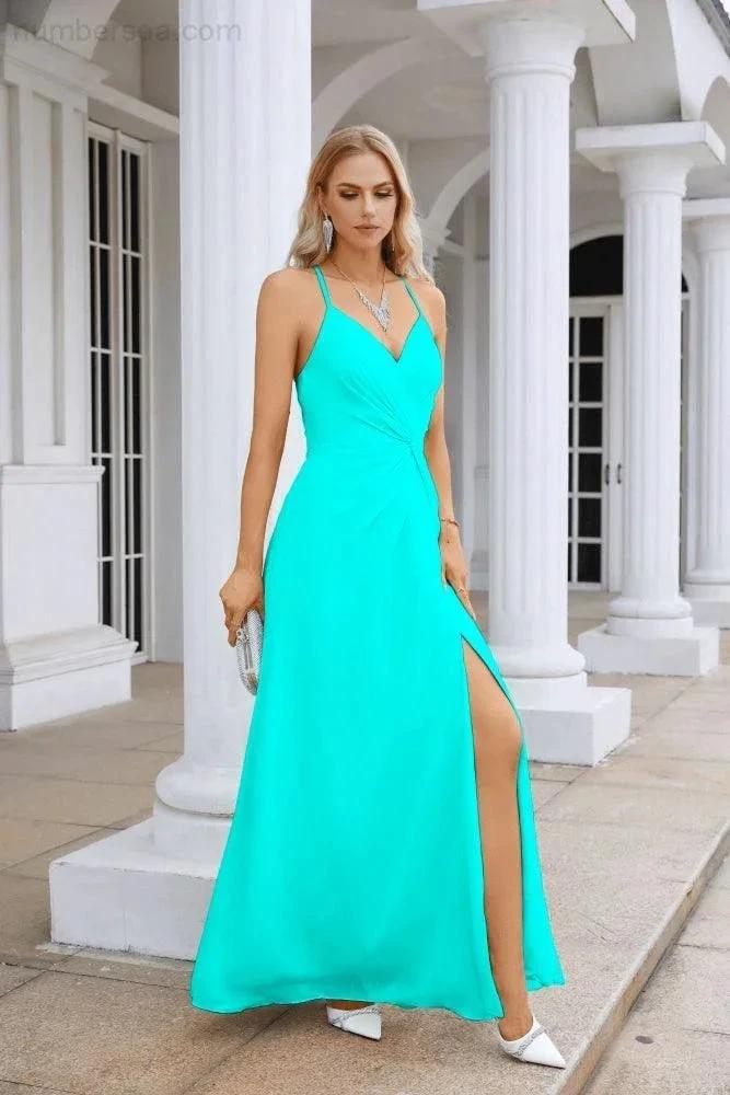Ladies Chiffon Spaghetti Strap V Neck Front Slit Floor Length Bridesmaid Evening Dress Prom Party Wedding Evening Dress 28116 by numbersea