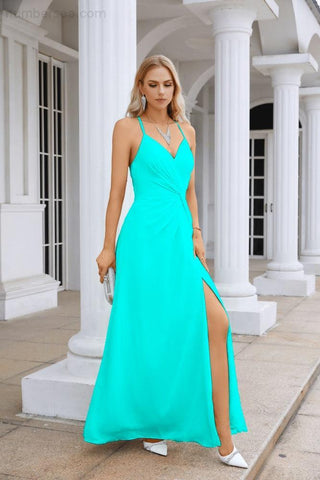 Ladies Chiffon Spaghetti Strap V Neck Front Slit Floor Length Bridesmaid Evening Dress Prom Party Wedding Evening Dress 28116