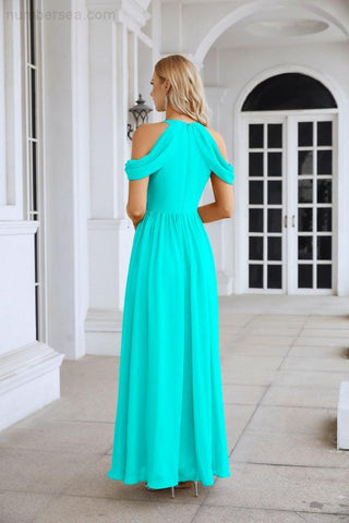 Ladies Chiffon Off Shoulder Swing Sleeve Front Slit Bridesmaid Evening Dress Wedding Party Evening Dress 28117