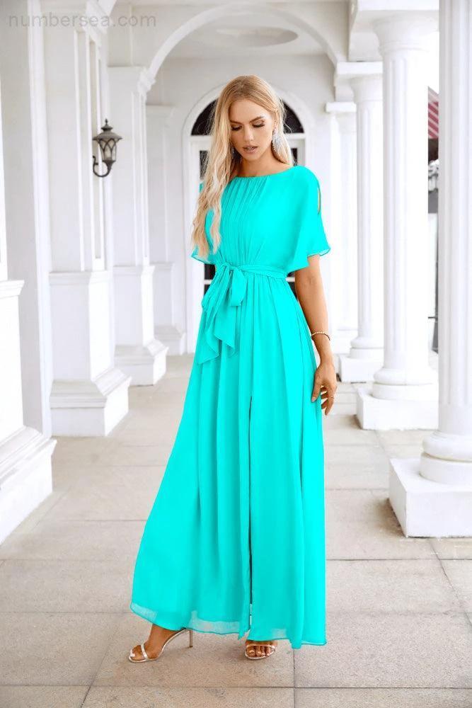 Ladies Chiffon Sleeve Crew Neck Front Slit Floor Length Bridesmaid Evening Dress Wedding Party Evening Dress 28124 by numbersea