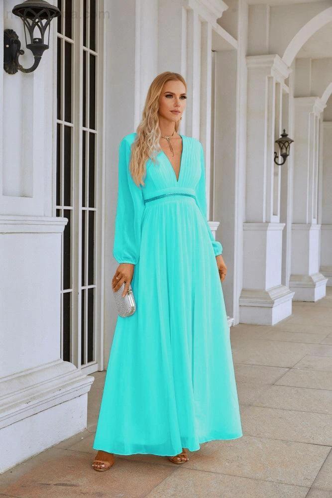 Ladies V Neck Chiffon Long Sleeve Front Slit Bridesmaid Evening Dress Wedding Party Shopping Evening Dress 28109 by numbersea