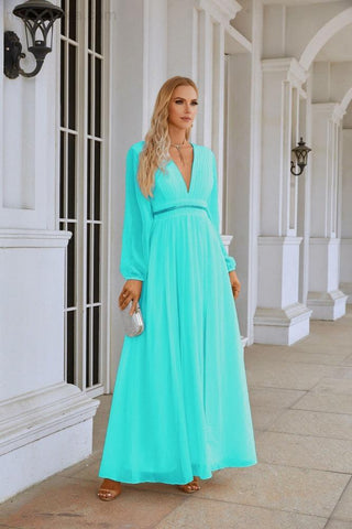 Ladies V Neck Chiffon Long Sleeve Front Slit Bridesmaid Evening Dress Wedding Party Shopping Evening Dress 28109