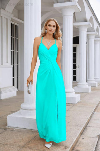 Ladies Chiffon Spaghetti Strap V Neck Front Slit Floor Length Bridesmaid Evening Dress Prom Party Wedding Evening Dress 28116