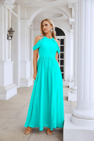 Ladies Chiffon Off Shoulder Swing Sleeve Front Slit Bridesmaid Evening Dress Wedding Party Evening Dress 28117