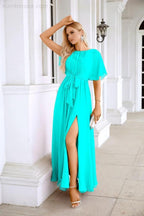 Ladies Chiffon Sleeve Crew Neck Front Slit Floor Length Bridesmaid Evening Dress Wedding Party Evening Dress 28124 by numbersea