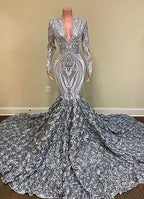 Long Sleeves V-Neck Sequins Lace Mermaid Prom Dress with Flowers Bottom by BIZTUNNEL