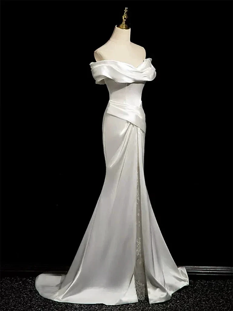 Simple Mermaid Off Shoulder Satin White Long Prom Evening Dress, Formal Wedding Dress Y8047 by simplepromdress