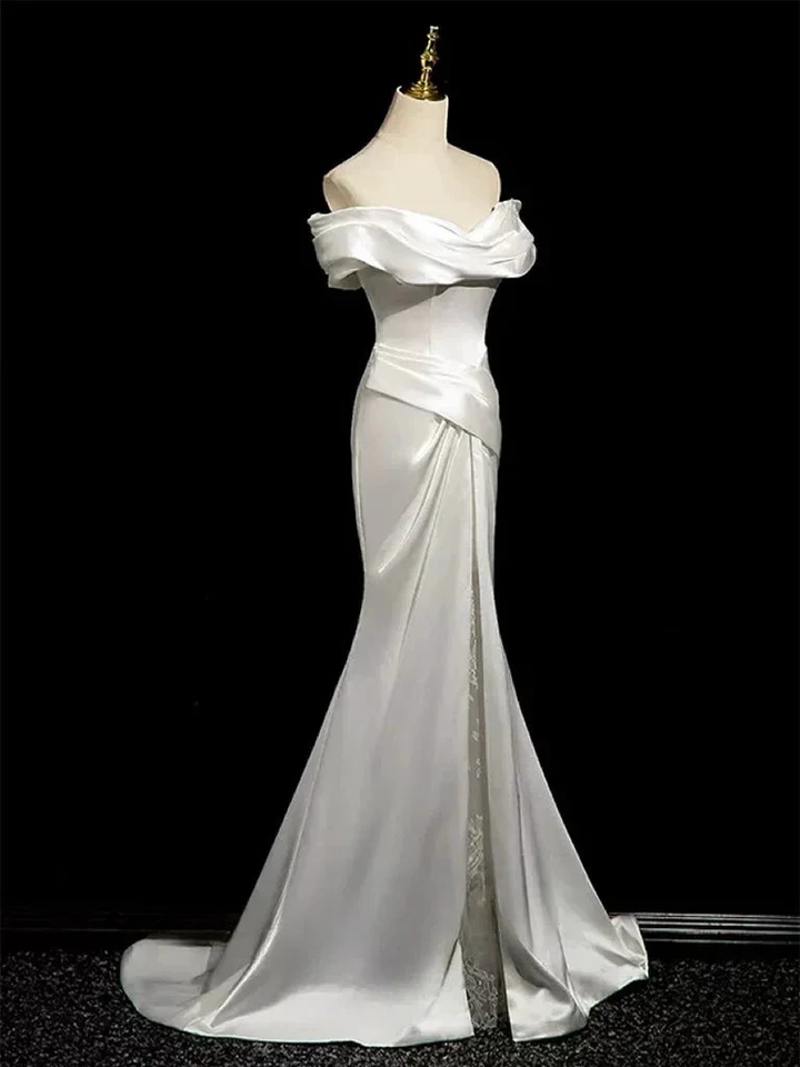 Simple Mermaid Off Shoulder Satin White Long Prom Evening Dress, Formal Wedding Dress Y8047 by simplepromdress