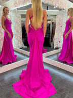 Angela |Mermaid Pink V Neck Backless Satin Long Prom Dress by KissProm