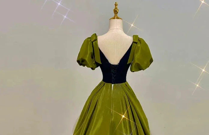 Sexy Green Satin V Neck Puff Sleeves Prom Dress Brithday Ball Gown Party Dress Y7600 by simplepromdress
