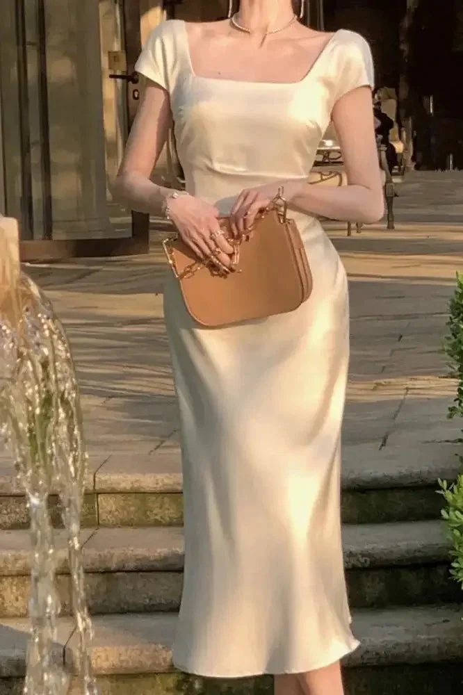 Elegant Square Neck Long Party Dress Beige Satin Mermiad Prom Evening Dress Y7576 by simplepromdress