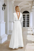 Ladies V Neck Chiffon Long Sleeve Front Slit Bridesmaid Evening Dress Wedding Party Shopping Evening Dress 28109 by numbersea