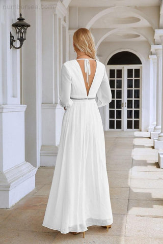 Ladies V Neck Chiffon Long Sleeve Front Slit Bridesmaid Evening Dress Wedding Party Shopping Evening Dress 28109