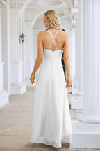 Ladies Chiffon Spaghetti Strap V Neck Front Slit Floor Length Bridesmaid Evening Dress Prom Party Wedding Evening Dress 28116 by numbersea