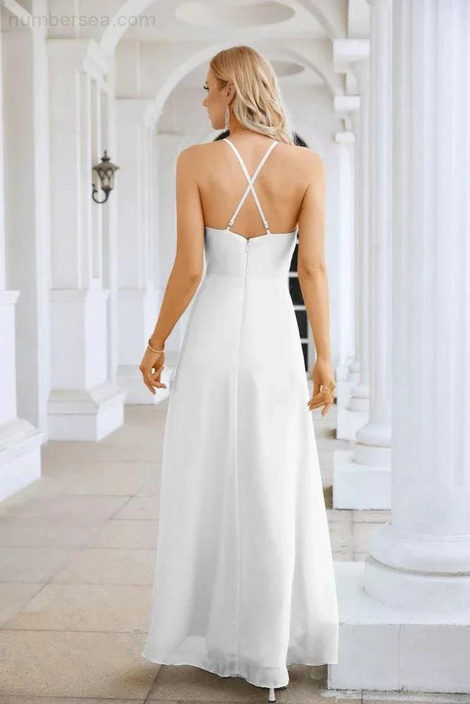 Ladies Chiffon Spaghetti Strap V Neck Front Slit Floor Length Bridesmaid Evening Dress Prom Party Wedding Evening Dress 28116 by numbersea