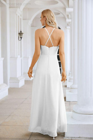 Ladies Chiffon Spaghetti Strap V Neck Front Slit Floor Length Bridesmaid Evening Dress Prom Party Wedding Evening Dress 28116