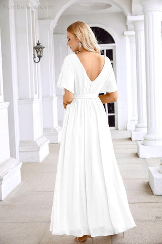 Ladies Chiffon Sleeve Crew Neck Front Slit Floor Length Bridesmaid Evening Dress Wedding Party Evening Dress 28124