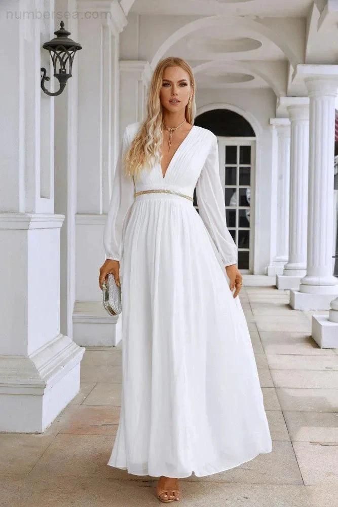 Ladies V Neck Chiffon Long Sleeve Front Slit Bridesmaid Evening Dress Wedding Party Shopping Evening Dress 28109 by numbersea
